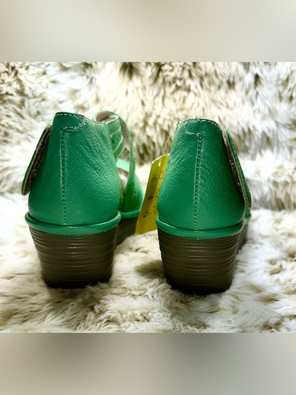 FLY London Yala Green Leather Cutout Wedge Sandals Mary Jane EU 37 (US 6.5)NWT - Picture 5 of 8